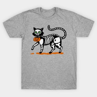 black cat in skeleton costume trick and threat T-Shirt